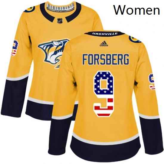 Womens Adidas Nashville Predators 9 Filip Forsberg Authentic Gold USA Flag Fashion NHL Jersey